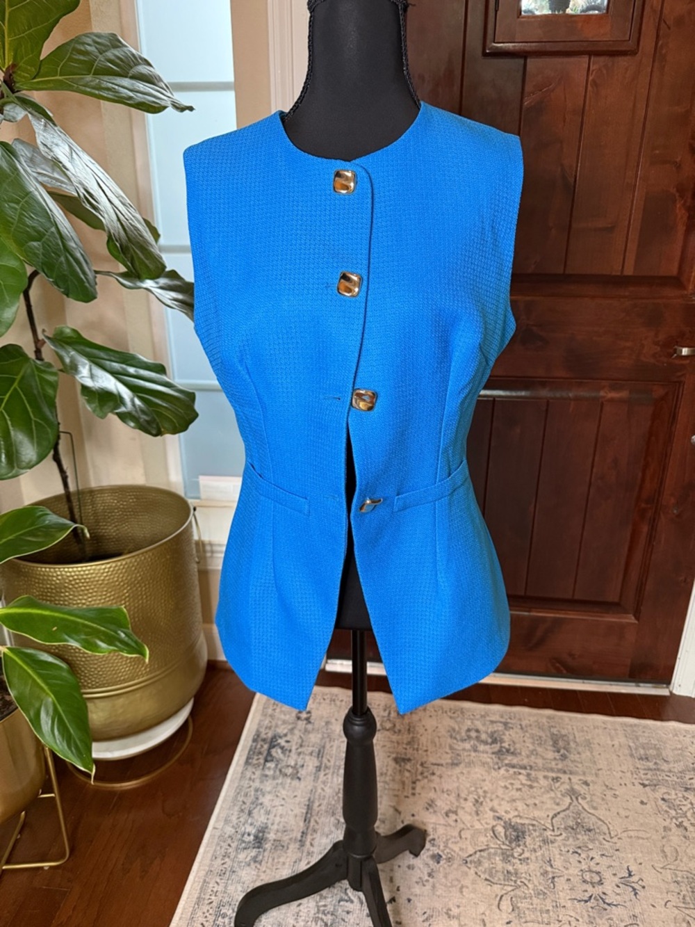 Commense Vibrant Blue Sleeveless Textured Vest with Gold Buttons Size L